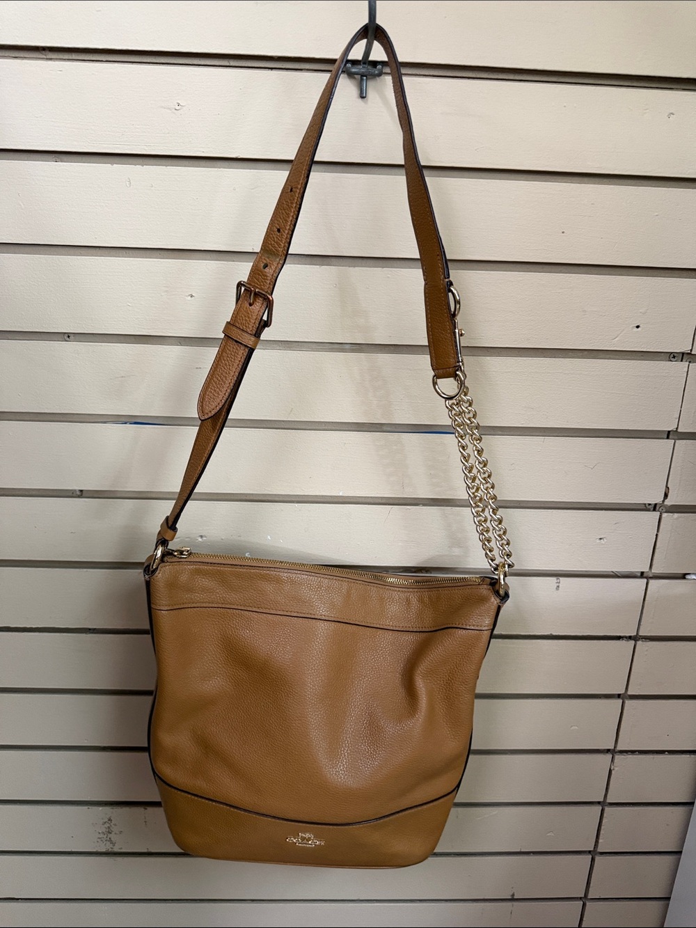 Coach Brown Pebbled Leather Shoulder Bag with Gold Chain